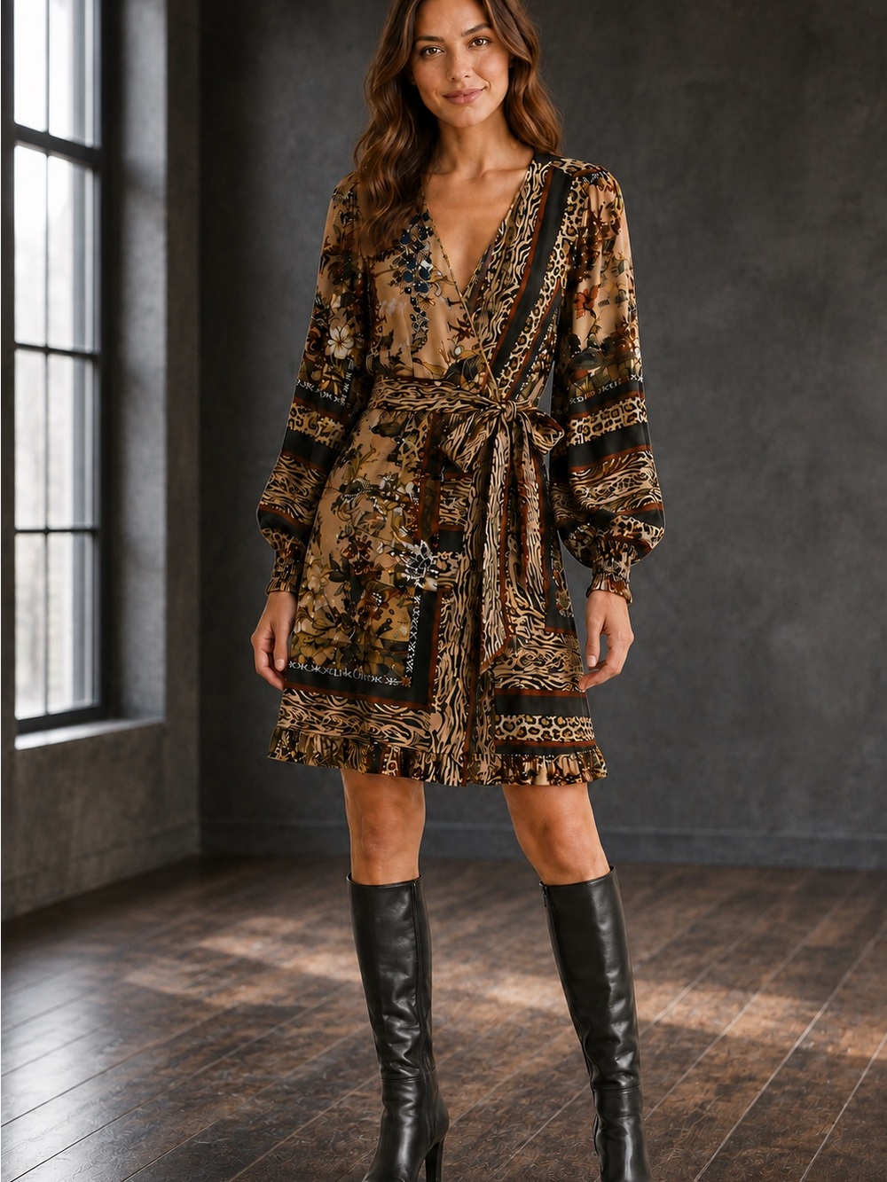 NWT Z&L Europe Patchwork Animal Floral Wrap Dress Size Small
